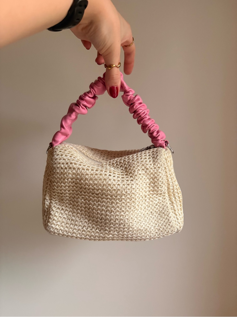 Hand made Woven Shoulder Bag in Pink & Cream Like New